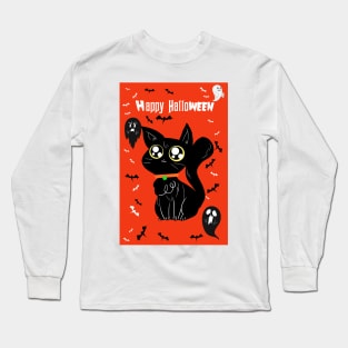 Happy Halloween - Orange and Black Big Eyed Cat Long Sleeve T-Shirt